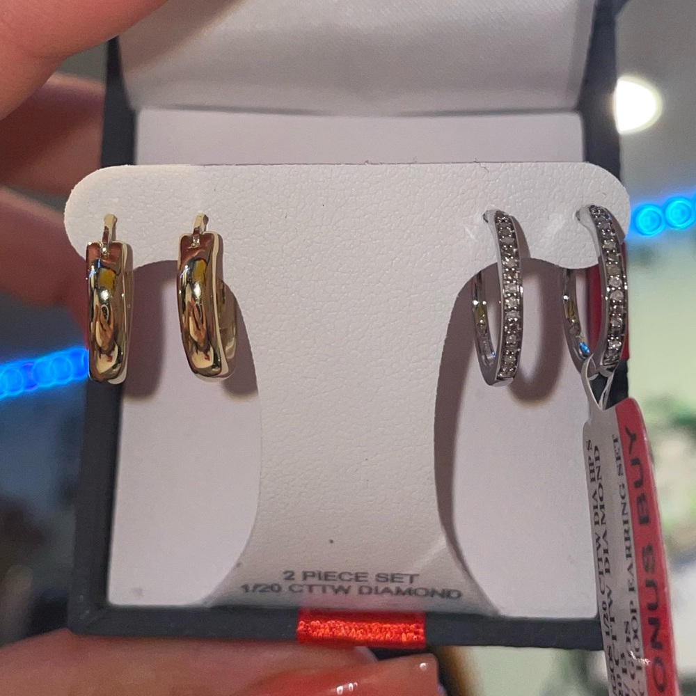 Mined White Diamond 14K Gold Over Silver Sterling 2 Pair Earring Set